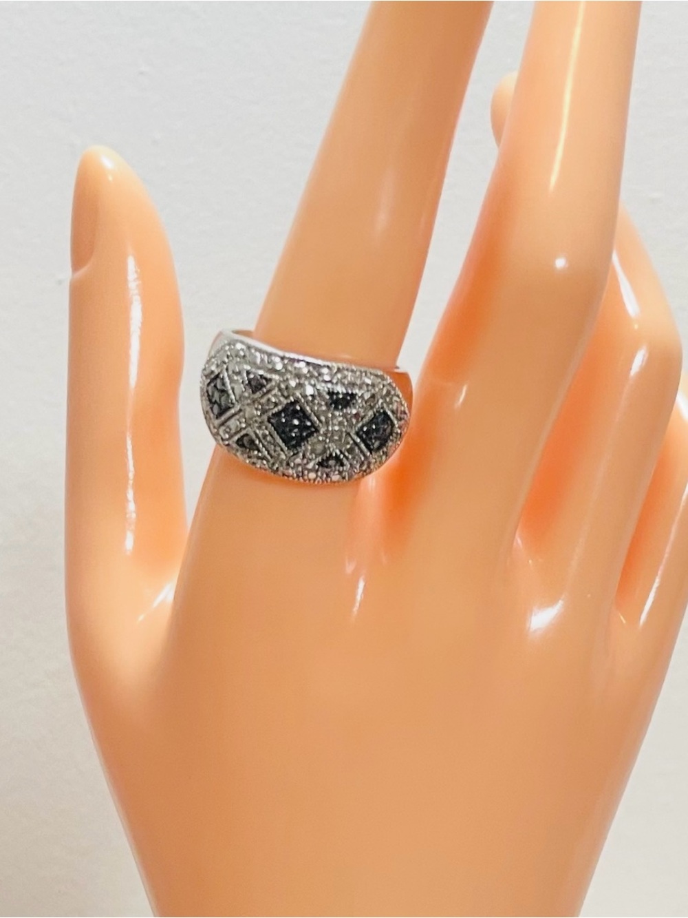 Vintage Art Deco Style Black and Silver Pave Marcasite Style Domed Cocktail Ring